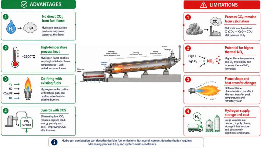 Overall view of hydrogen combustion as decarbonisation strategy for cement industries